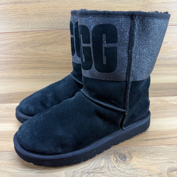 UGG Classic Short Logo Sparkle Womens 9 Black Suede Shearling Fur - Picture 3 of 12